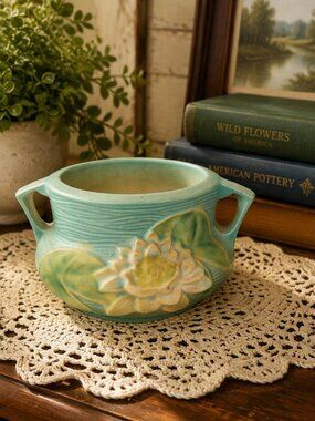 Vintage Roseville Pottery Water Lily Blue Green Jardiniere Bowl 663-3" MINT